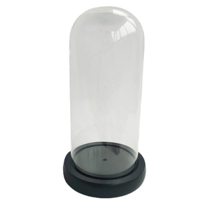Transparent acrylic dome display case with black base for preserved flowers and handmade crafts