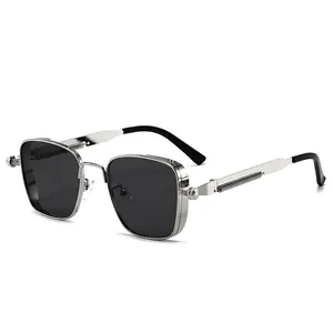 Macro detail of steampunk sunglasses featuring vintage silver metal frame and spring hinges