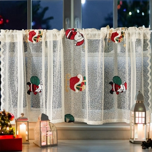 Christmas lace cafe curtain with Santa Claus embroidery for festive window decoration