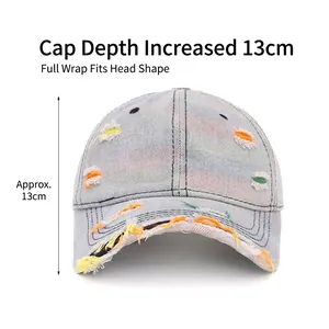 Deep crown light blue washed denim baseball cap with distressed holes and colorful stitching