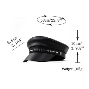 Black leather baker boy hat with silver chain and 58cm head circumference specs