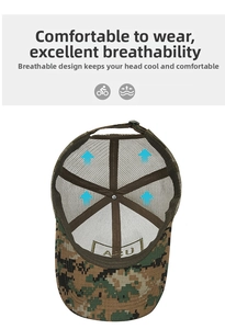 Detail of digital camo tactical mesh hat featuring breathable fabric and interior embroidery