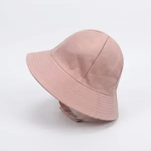 Pink cotton children sun hat with adjustable windproof strap and stitched brim