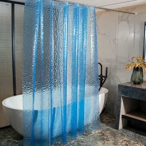 Blauer halbtransparenter PEVA Duschvorhang mit geprägtem Kieselsteinmuster und Haken