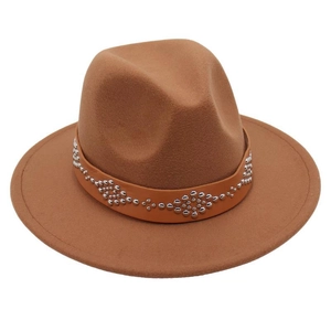Close-up of brown wool felt fedora featuring a leather band with silver rivet studs
