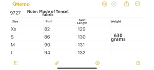 Size chart for summer denim dress showing measurements for XS to L in Tencel fabric