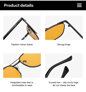 Detail shots of square black frame sunglasses with yellow lenses and sturdy hinges
