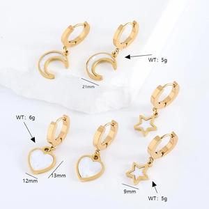 Gold stainless steel hoop earrings set with heart, moon, and star charms in shell inlay