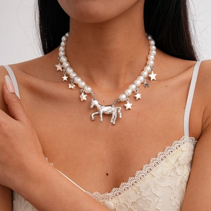 Imitation pearl necklace featuring silver star charms and a central horse pendant for women