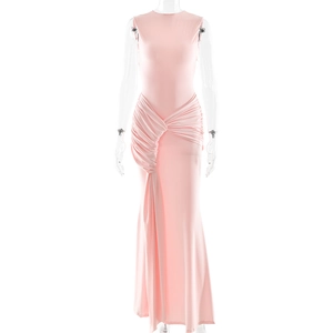 Detail of pink sleeveless maxi dress featuring elegant pleated waist and side drape design