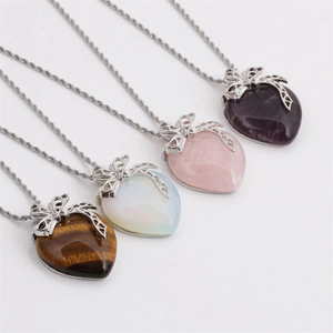 Heart Natural Stone Pendant Necklace With Alloy Bowknot And Stainless Steel Rope Chain For Women Fashion Jewelry