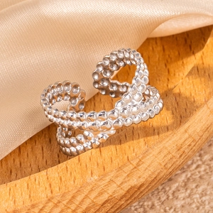Silver beaded geometric multi-layer intertwined stainless steel open ring for women