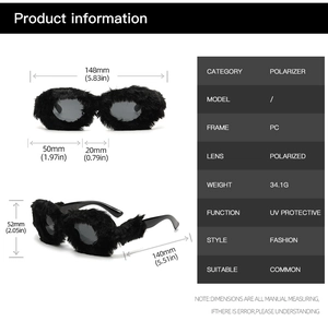 Dimensions détaillées et spécifications pour lunettes de soleil ovales polarisées à fourrure