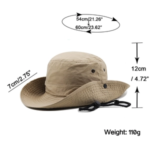 Quick-dry khaki outdoor sun hat with wide brim, chin strap, and size specifications