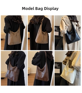 Multiple views showing large vintage tote bags in black, coffee, brown, and cream white