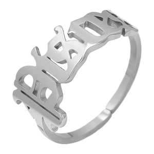 Detailed close-up of a silver zodiac ring featuring Gothic style BABY hollowed lettering
