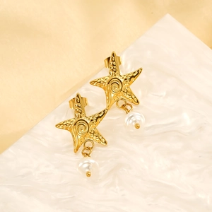 Boucles D'oreilles Puces Étoile De Mer Avec Künstliche Perle D'imitation Plaqué Or 18K Acier Inoxydable 304 Style Marin Femmes