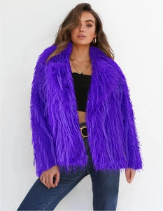 Detailed view of high-saturation purple faux fur jacket with fringe and long sleeves