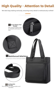 Detail view of water-resistant nylon tote bag with reinforced stitching and front pocket