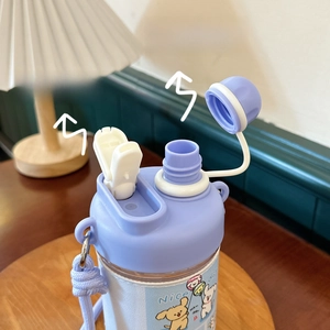 Detail of dual-drinking ports on a purple lid with a cute blue puppy bottle sleeve