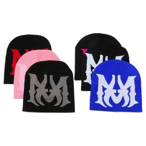 Winter knit beanies with gothic M letter jacquard in various colors for outdoor warmth