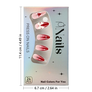 Detail view of 24pcs red heart and white bow press-on nails in laser window box packaging