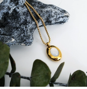 Detail of vintage oval shell pendant necklace on gold chain with natural elements