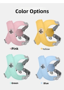 Detailed view of adjustable dog harness in four colors with reflective strips and D-ring