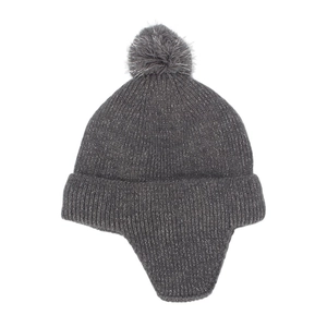 Detailed knit pattern of dark grey earflap hat with silver glitter yarn and faux fur pom