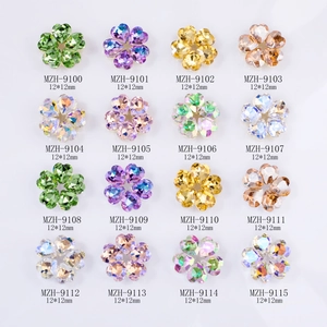 Colorful 12mm crystal flower nail charms with heart-shaped petals in 16 assorted colors