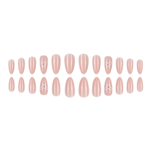 Nude pink almond press-on nails set with white bow and rhinestone accents