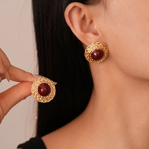 Vintage gold woven wheat pattern earrings with deep red resin stone for women