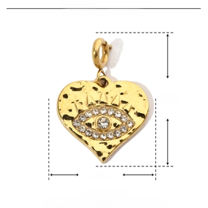 Detailed dimensions of gold evil eye heart pendant with rhinestones and measurements