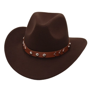 Western Cowboy Hat Wide Brim Felt Fedora With Studded Leather Band Metal Rivets Vintage Retro Jazz Style For Men Women