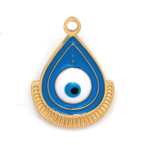 Golden teardrop evil eye charm pendant with blue and white enamel for jewelry making