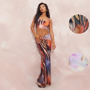 Pleated Crop Top And Maxi Skirt Abstract Print Spaghetti Strap Slim Fit Streetwear Fashion Women