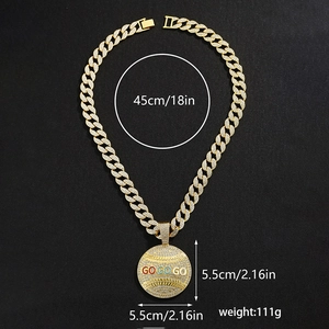 Detailed view of 18in gold Cuban chain with iced-out GO baseball pendant dimensions