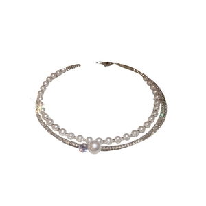 Elegant silver double-layer choker with white pearls and sparkling crystal pendant