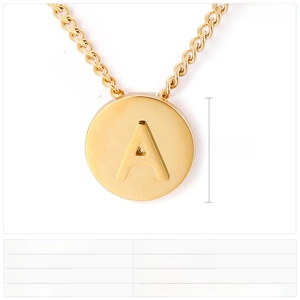 Detailed size chart of gold stainless steel necklace with round letter A pendant