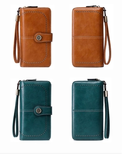 Vintage RFID leather wallet for women with brogue punch details and wristlet strap