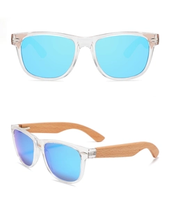Classic oval frame sunglasses with blue mirror lenses and light wood temples detail