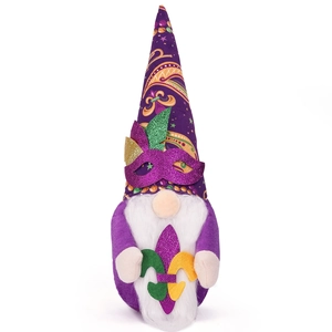 Handcrafted Mardi Gras gnome with sequined purple hat and fleur-de-lis emblem ornament