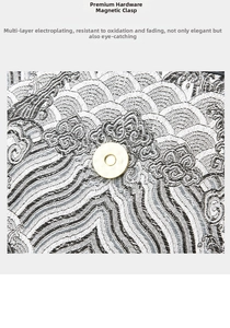Detail of premium gold electroplated magnetic clasp on silver cloud pattern fabric bag