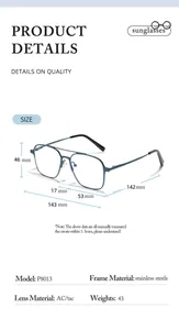 Size chart showing lens width 53mm and stainless steel frame dimensions for P8013 sunglasses