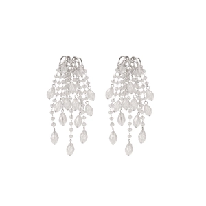 Silver drop tassel pearl earrings with sparkling multi-layer crystal beads and pendants