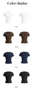 Color display of slim fit Y2K short sleeve t-shirts in white, brown, blue, and black