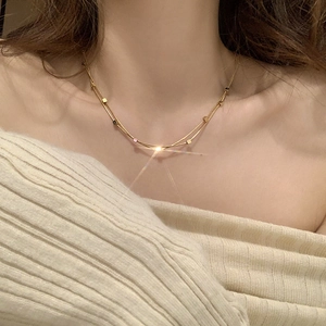 Double Layer Titanium Steel Necklace Small Square Beads Snake Bone Chain Minimalist Clavicle Accessory Women Gold Silver