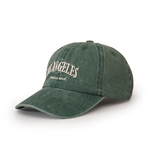 Detail view of vintage washed green baseball cap with Los Angeles 3D embroidery
