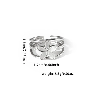 Detailed view of silver titanium steel ring with size parameters and floral design