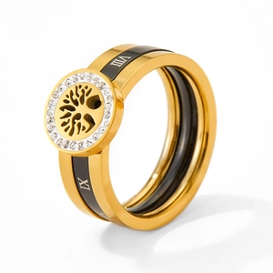 Detail of tree of life ring with Roman numerals and black enamel gold plating